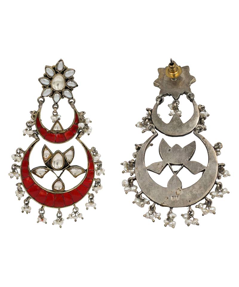 Silver plated red chandbali kundan earrings