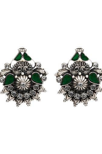 Silver plated green stone stud earrings