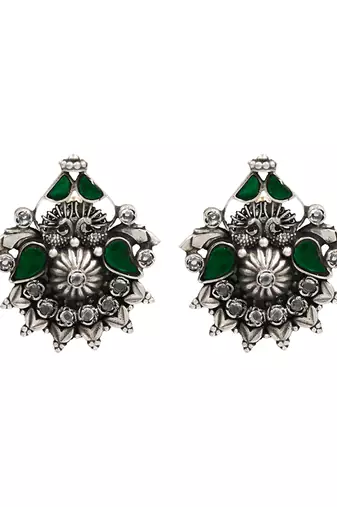 Silver plated green stone stud earrings