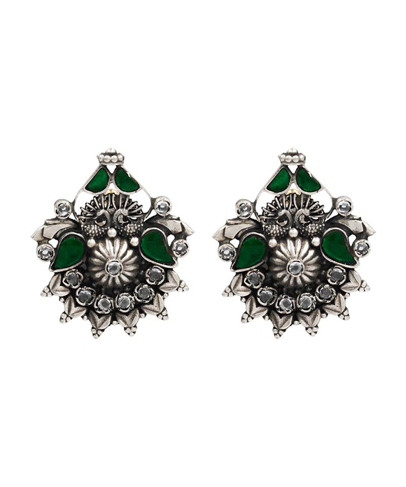 Silver plated green stone stud earrings