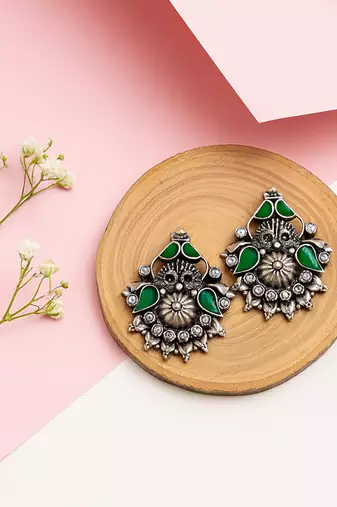 Silver plated green stone stud earrings