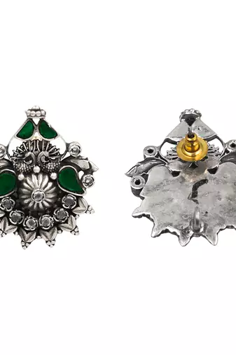 Silver plated green stone stud earrings