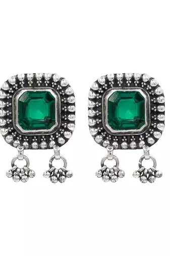 Silver plated green stone drop earrings