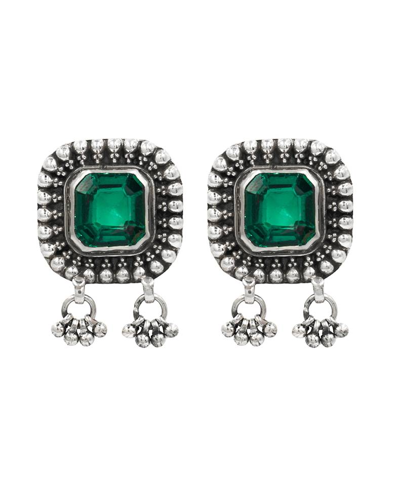 Silver plated green stone drop earrings