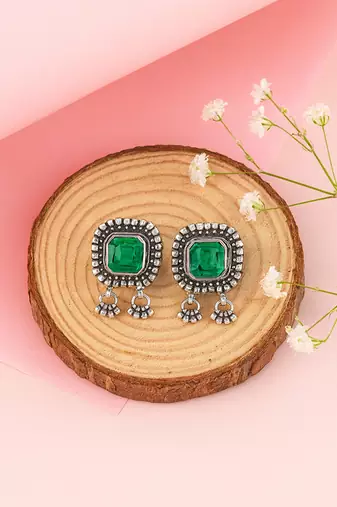 Silver plated green stone drop earrings