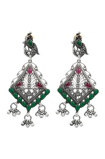 Silver plated green stone drop earrings