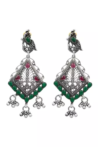 Silver plated green stone drop earrings