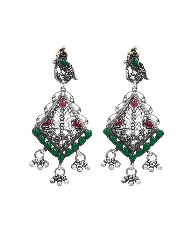 Silver plated green stone drop earrings