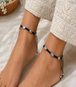 Handcrafted Oxidized Silver Plated Anklet, Black Thread Macrame Payal, Boho Indian Foot Jewelry