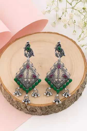 Silver plated green stone drop earrings