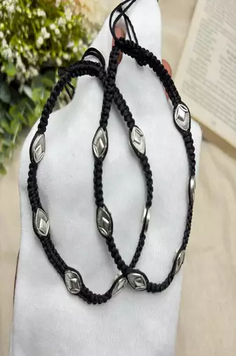 Handcrafted Oxidized Silver Plated Anklet, Black Thread Macrame Payal, Boho Indian Foot Jewelry
