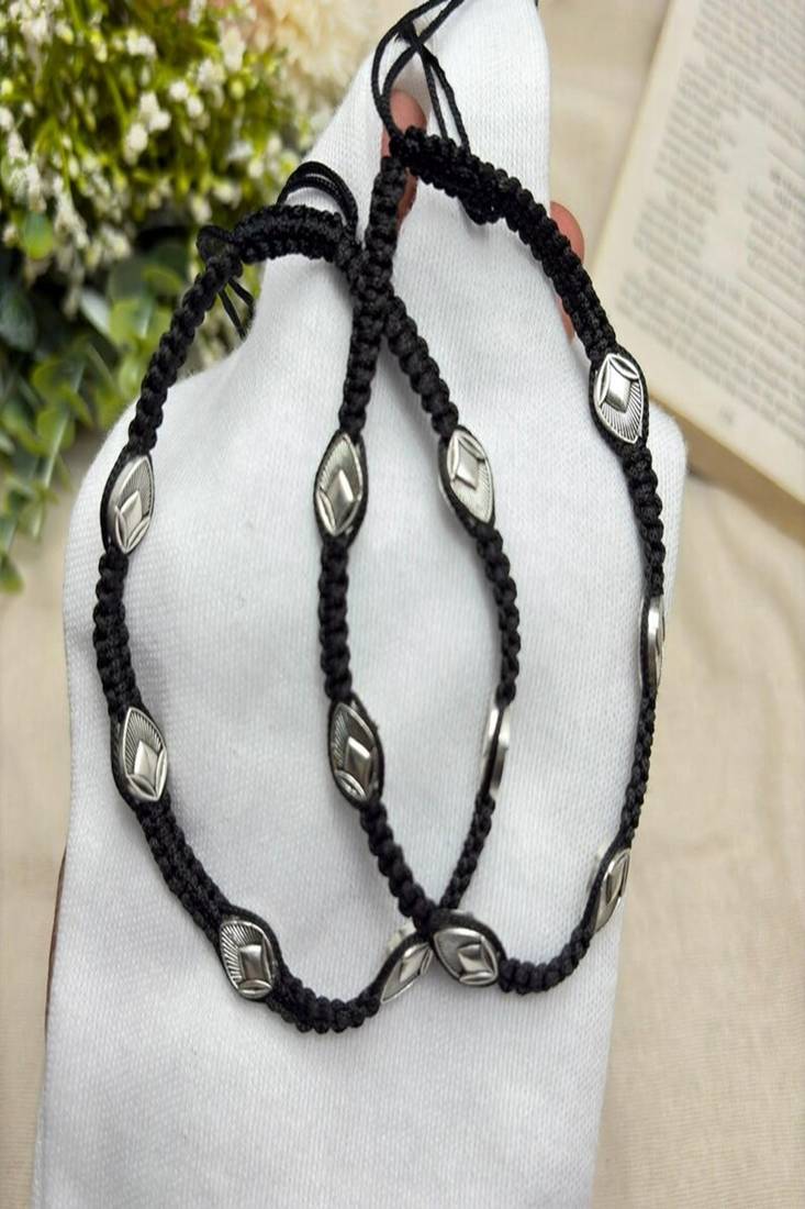 Handcrafted Oxidized Silver Plated Anklet, Black Thread Macrame Payal, Boho Indian Foot Jewelry