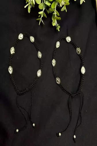 Handcrafted Oxidized Silver Plated Anklet, Black Thread Macrame Payal, Boho Indian Foot Jewelry