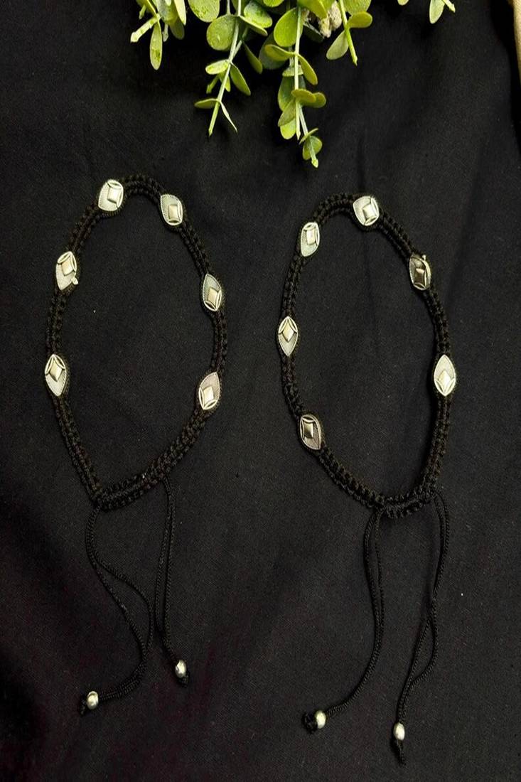Handcrafted Oxidized Silver Plated Anklet, Black Thread Macrame Payal, Boho Indian Foot Jewelry