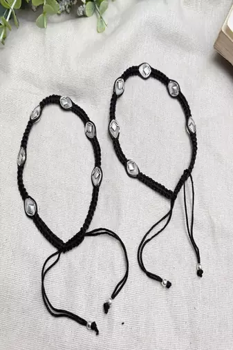 Handcrafted Oxidized Silver Plated Anklet, Black Thread Macrame Payal, Boho Indian Foot Jewelry