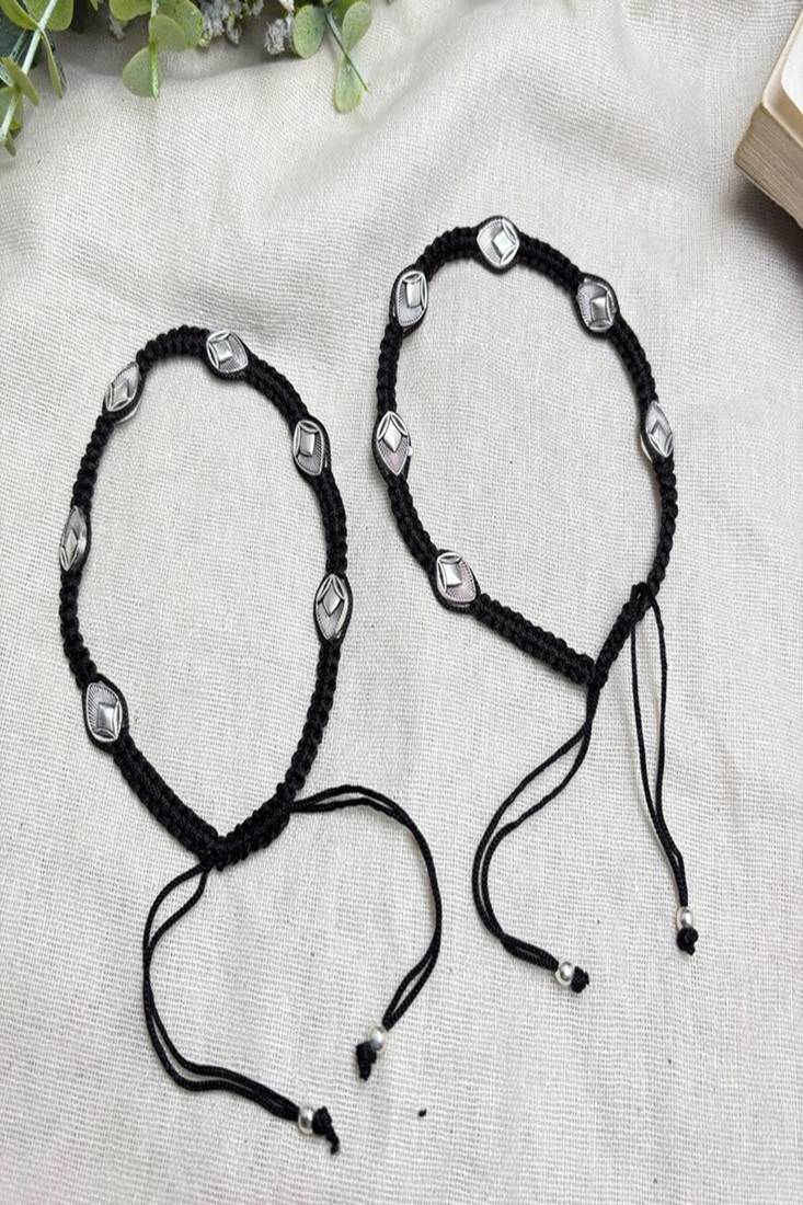 Handcrafted Oxidized Silver Plated Anklet, Black Thread Macrame Payal, Boho Indian Foot Jewelry
