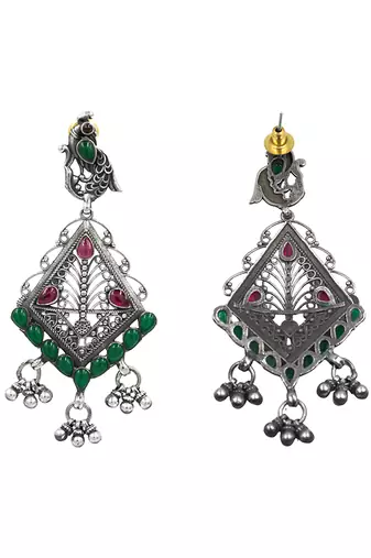 Silver plated green stone drop earrings