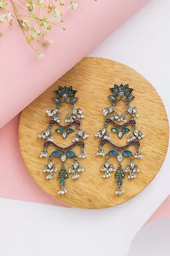 Silver plated multicolor beaded dangler earrings