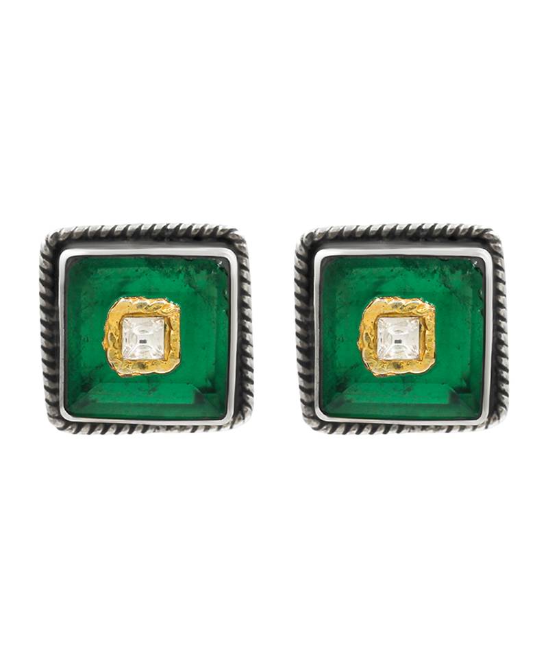 Silver plated green stone stud earrings
