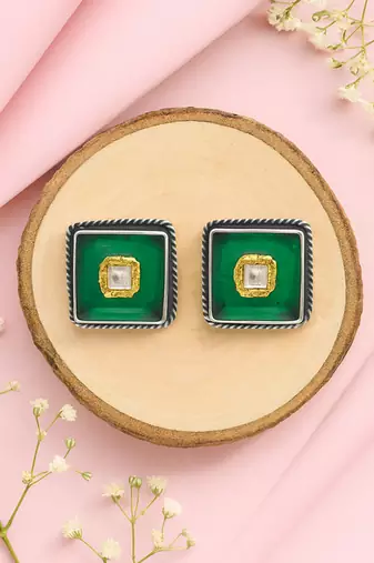 Silver plated green stone stud earrings