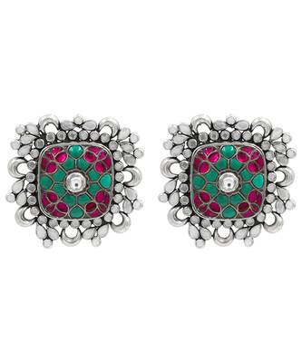 Silver plated multicolor kundan stud earrings 1