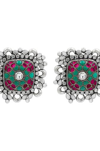 Silver plated multicolor kundan stud earrings