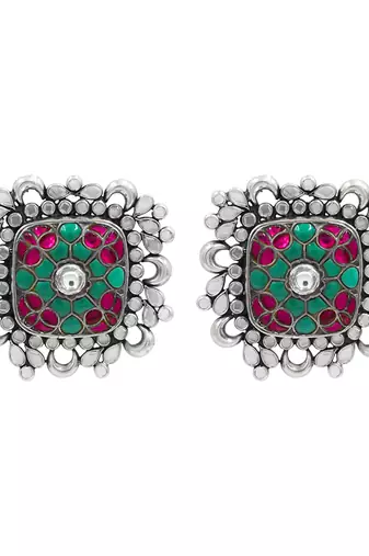 Silver plated multicolor kundan stud earrings