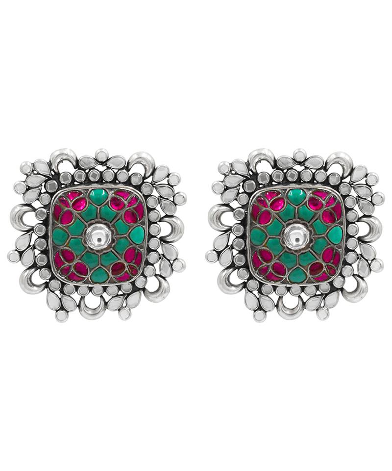 Silver plated multicolor kundan stud earrings