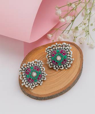 Silver plated multicolor kundan stud earrings 2