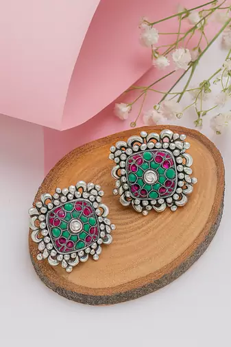 Silver plated multicolor kundan stud earrings