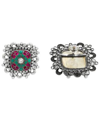 Silver plated multicolor kundan stud earrings 3