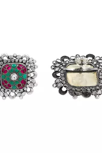 Silver plated multicolor kundan stud earrings