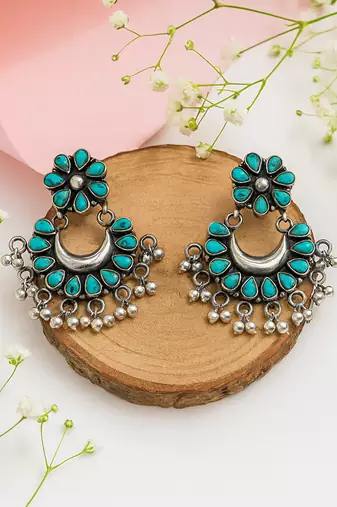Silver plated turquoise blue chandbali earrings