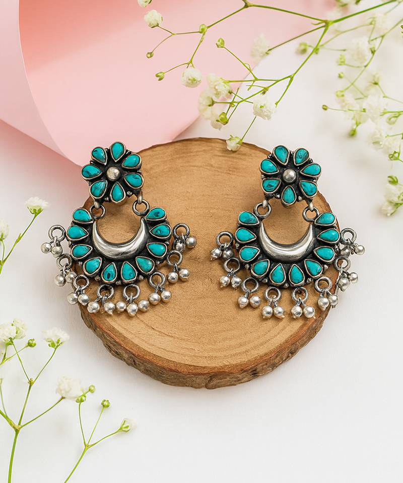 Silver plated turquoise blue chandbali earrings