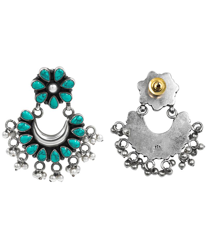 Silver plated turquoise blue chandbali earrings