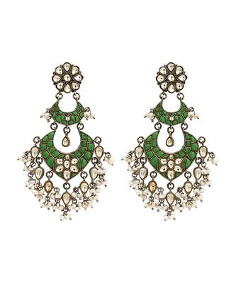 Silver plated green stone kundan dangler earrings 1