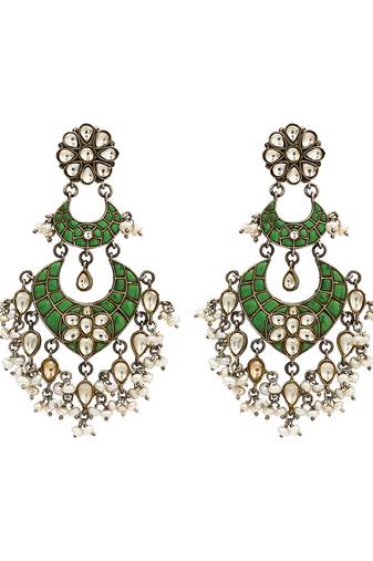 Silver plated green stone kundan dangler earrings