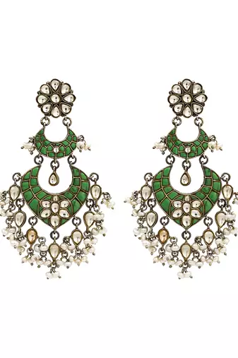 Silver plated green stone kundan dangler earrings