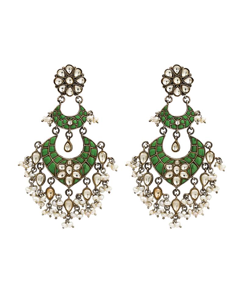 Silver plated green stone kundan dangler earrings