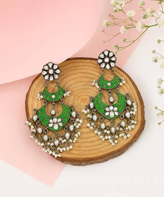 Silver plated green stone kundan dangler earrings 2
