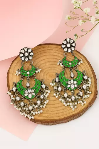 Silver plated green stone kundan dangler earrings