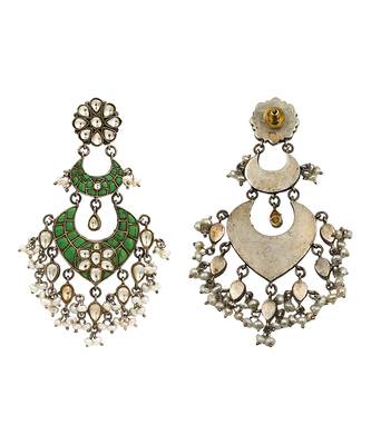 Silver plated green stone kundan dangler earrings 3