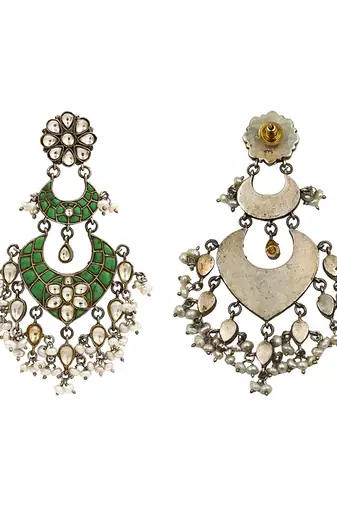 Silver plated green stone kundan dangler earrings