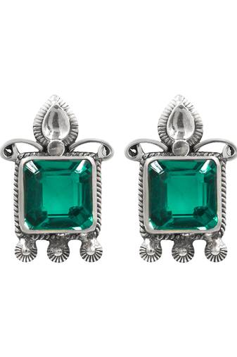 Silver plated green stone stud earrings