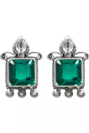 Silver plated green stone stud earrings