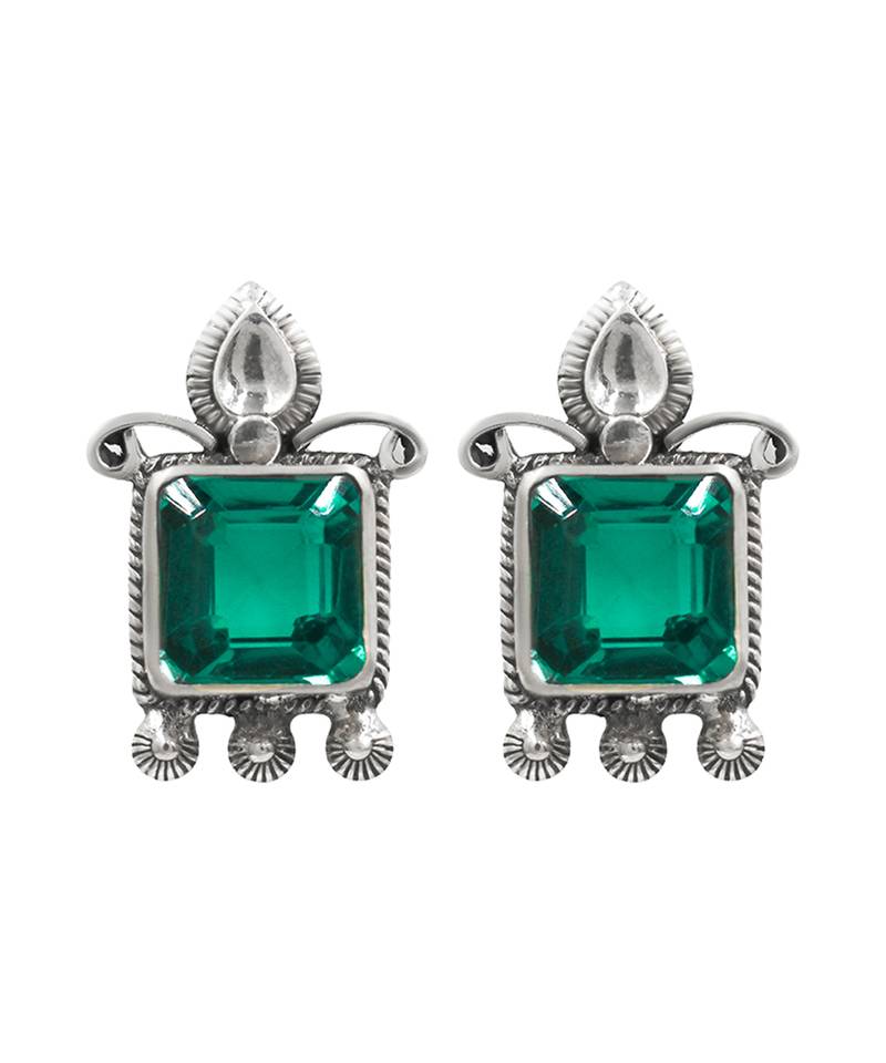 Silver plated green stone stud earrings