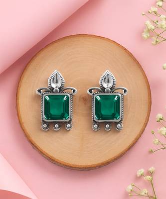 Silver plated green stone stud earrings 2