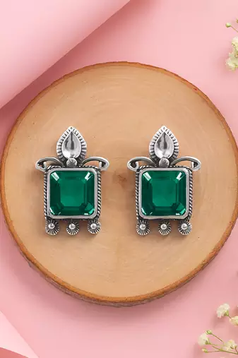 Silver plated green stone stud earrings