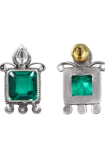 Silver plated green stone stud earrings