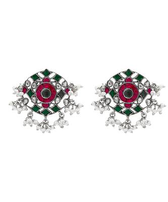 Silver plated ruby red green stone stud earrings 1